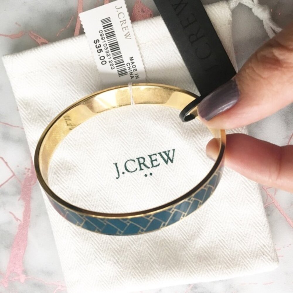 J. Crew Green & Gold Etched Bangle Bracelet New